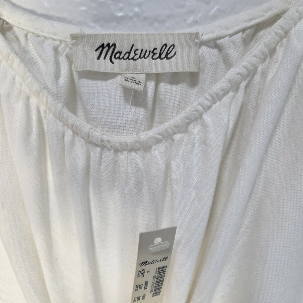 Madewell Top Blouse XS Women's Indigo Cold Shoulder 3/4 Sleeve White 100% Cotton - Picture 8 of 15
